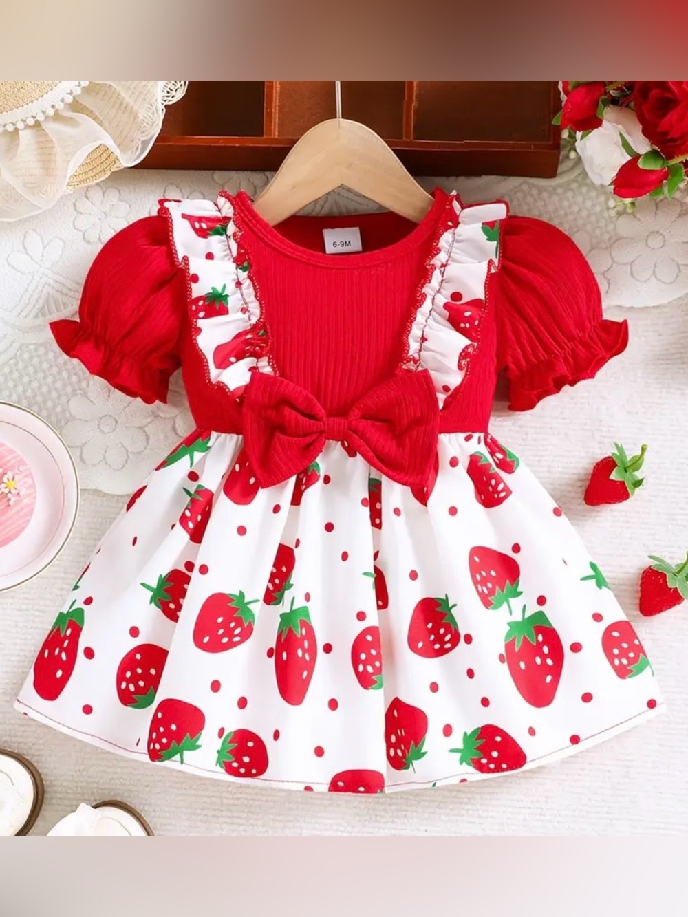 New Baby Toddler Strawberry Theme Red Dress Puff Sleeve Short Sleeve